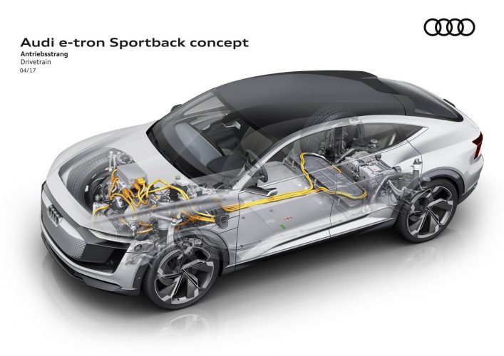 Разрез Audi e-tron Sportback Concept с аккумуляторными батареями и двигателями