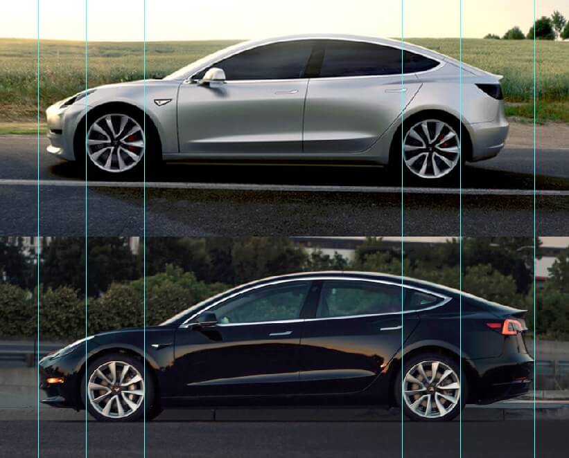Примерное сравнение длинны прототипа pre-alpha и серийной модели Tesla Model 3