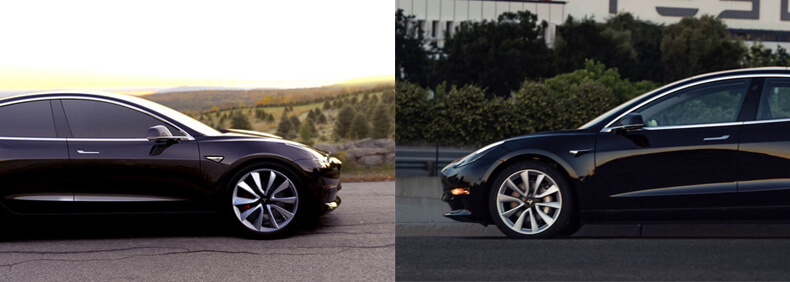 Сравнение переднего бампера прототипа и серийной модели Tesla Model 3