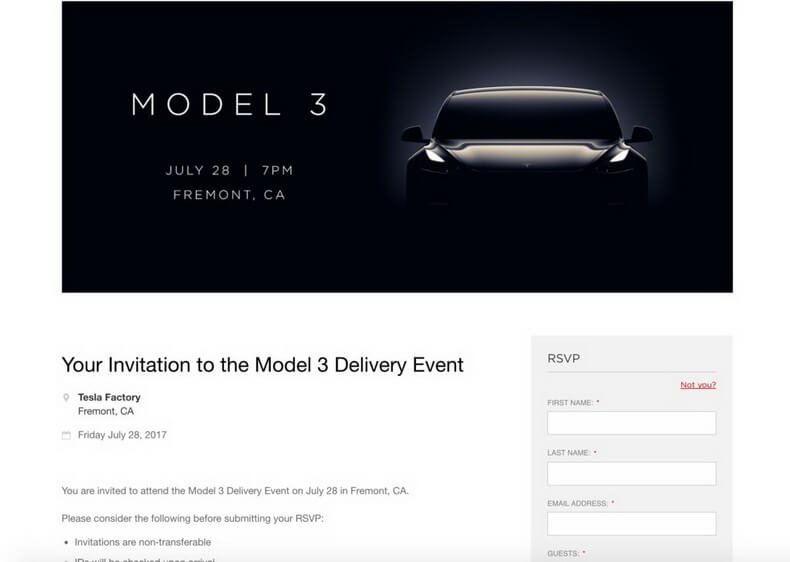 Форма получения приглашения на участие в официальной церемонии вручения ключей от Tesla Model 3