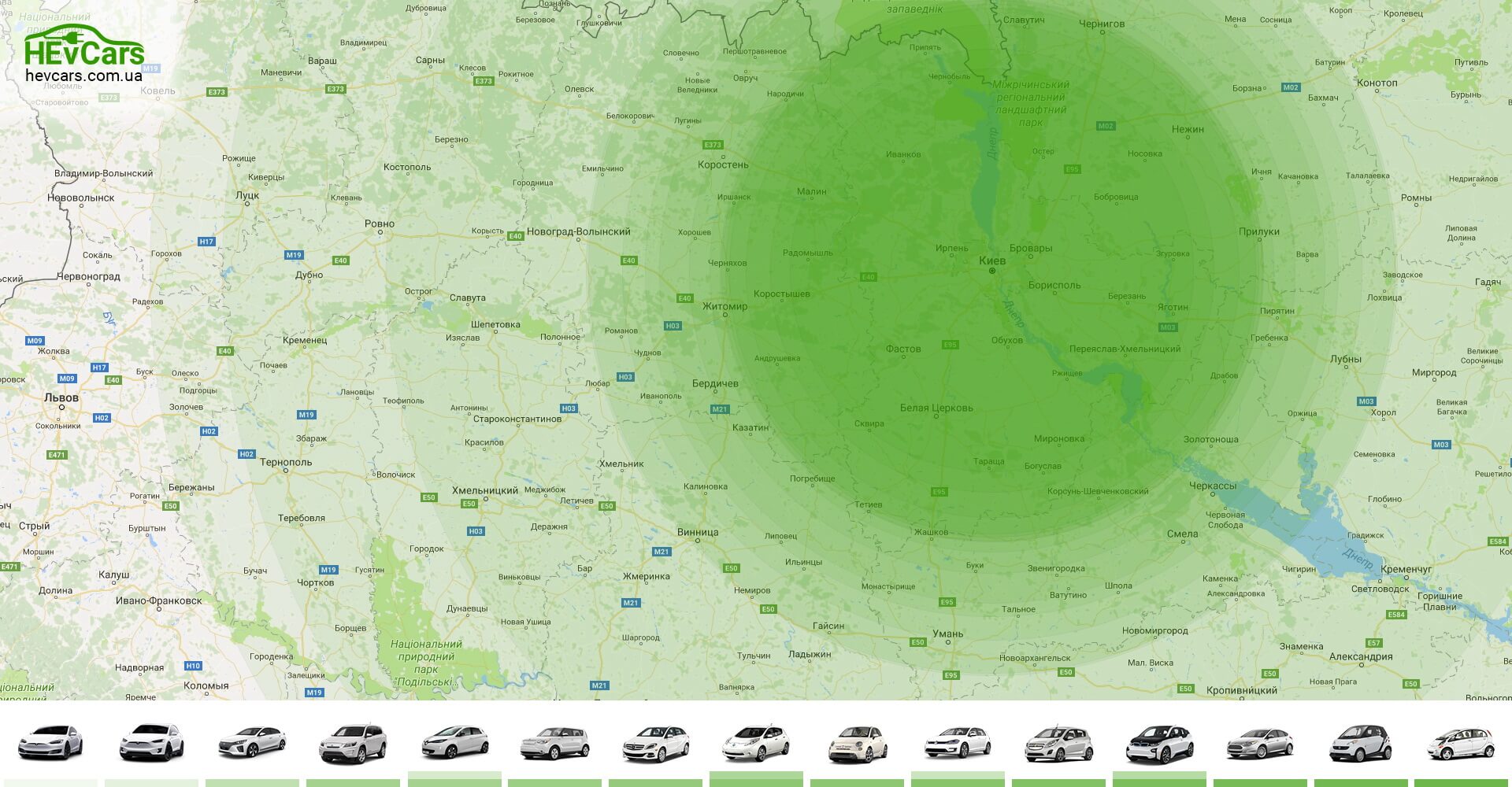 Карта дальности поездки на одном заряде электромобилей в Украине