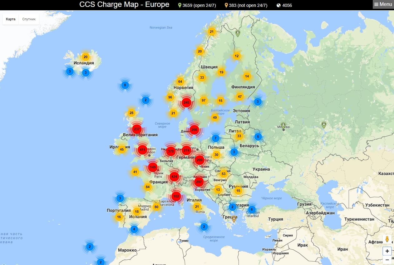 Карта зарядных станций сервиса CCS/Combo Charge Map - Europe