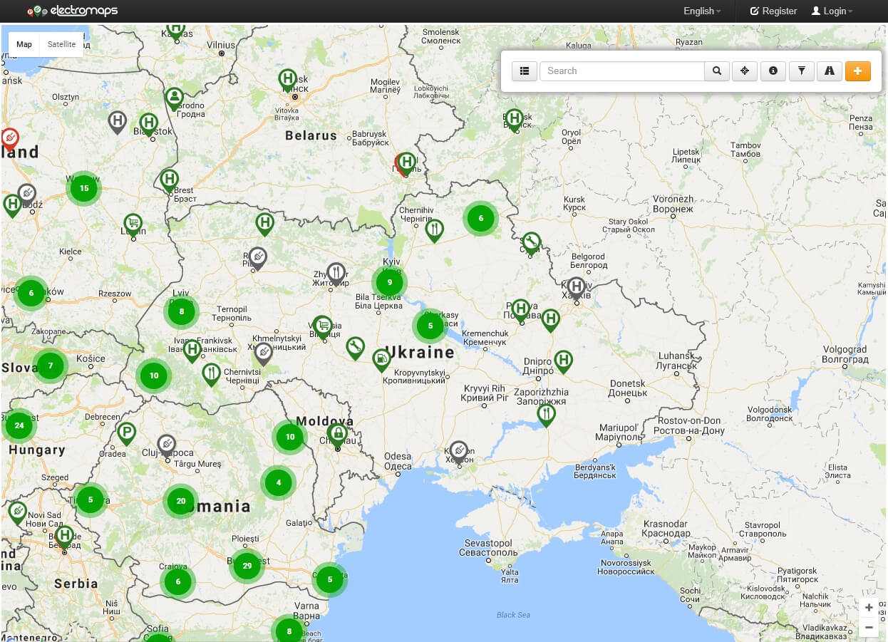 Карта зарядных станций сервиса Electromaps