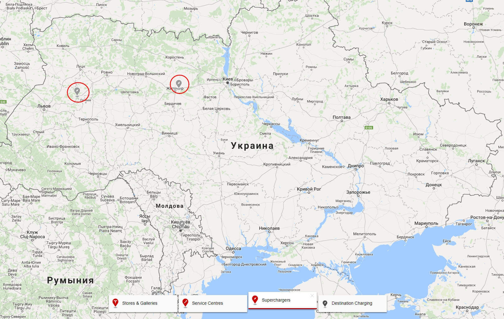Запланированные для открытия зарядные станции Tesla Supercharger в Украине