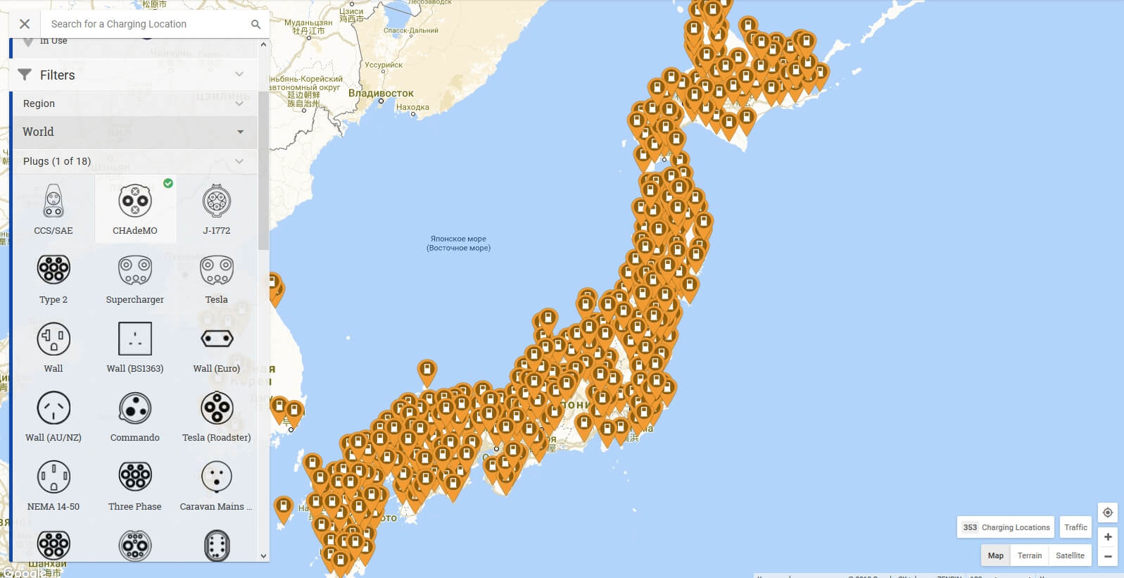 Быстрые зарядные устройства CHAdeMO Японии на карте PlugShare