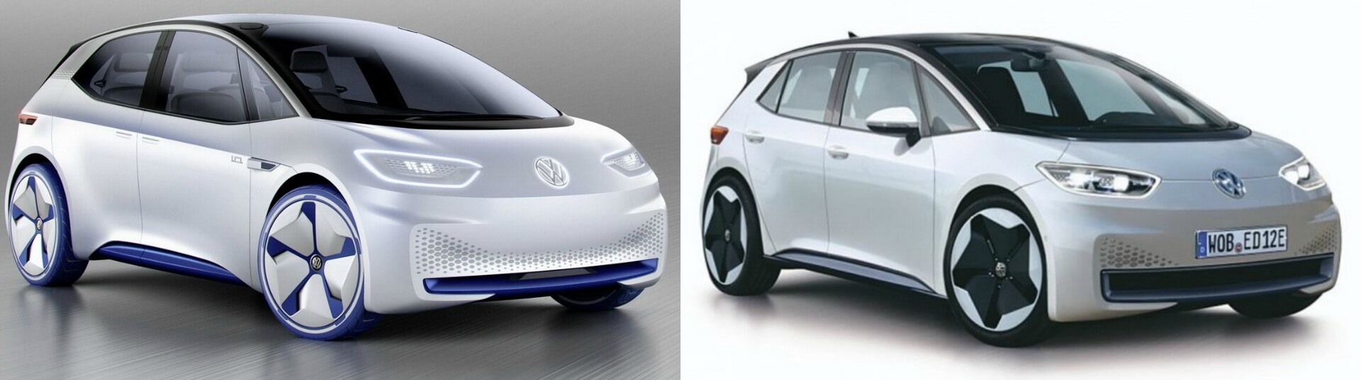 Концептуальная версия Volkswagen I.D. (слева) - производственный прототип Volkswagen NEO (справа)