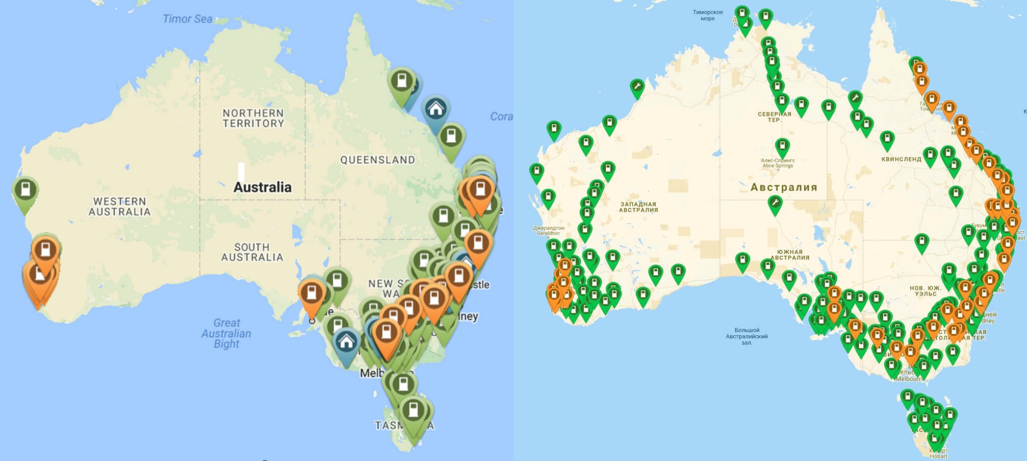Сеть зарядных станций на 2016 и 2018 года в Австралии