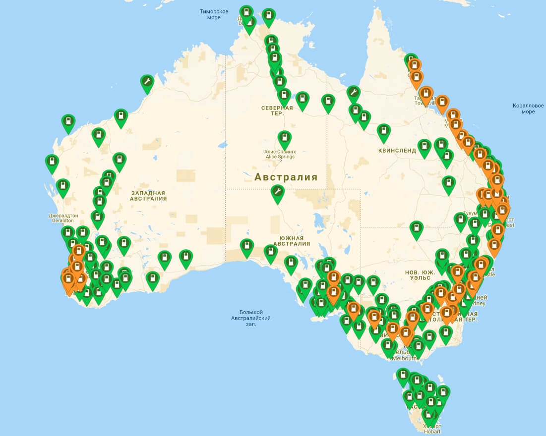 Сеть зарядных станций в Австралии на сейчас по данным Plugshare