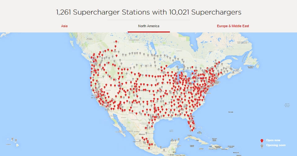 1 261 быстрых зарядных станций Tesla с 10 000 пунктами по всему миру