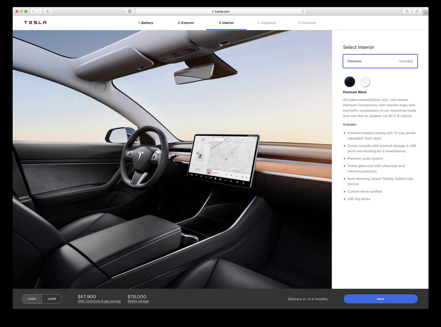Онлайн-конфигуратор Tesla Model 3 - салон 
