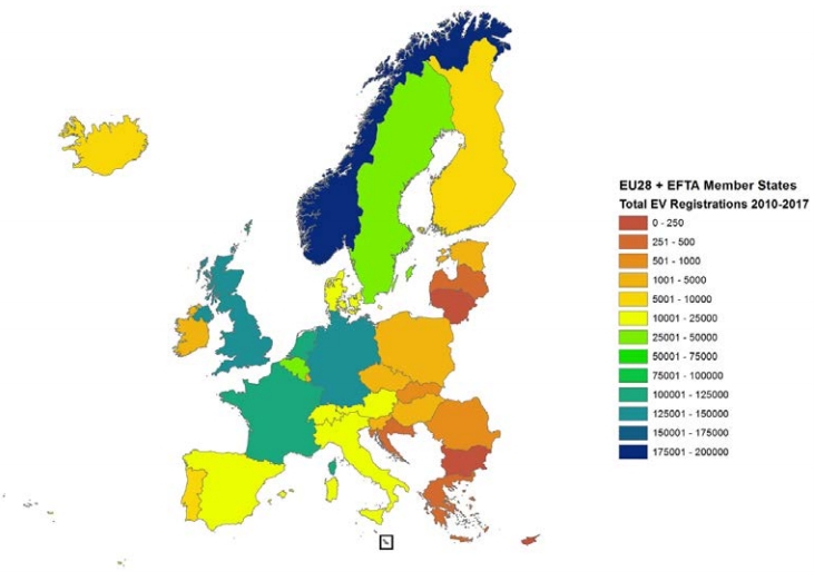 Карта стран Европы с наибольшим количеством зарегистрированных электромобилей в количественном эквиваленте 