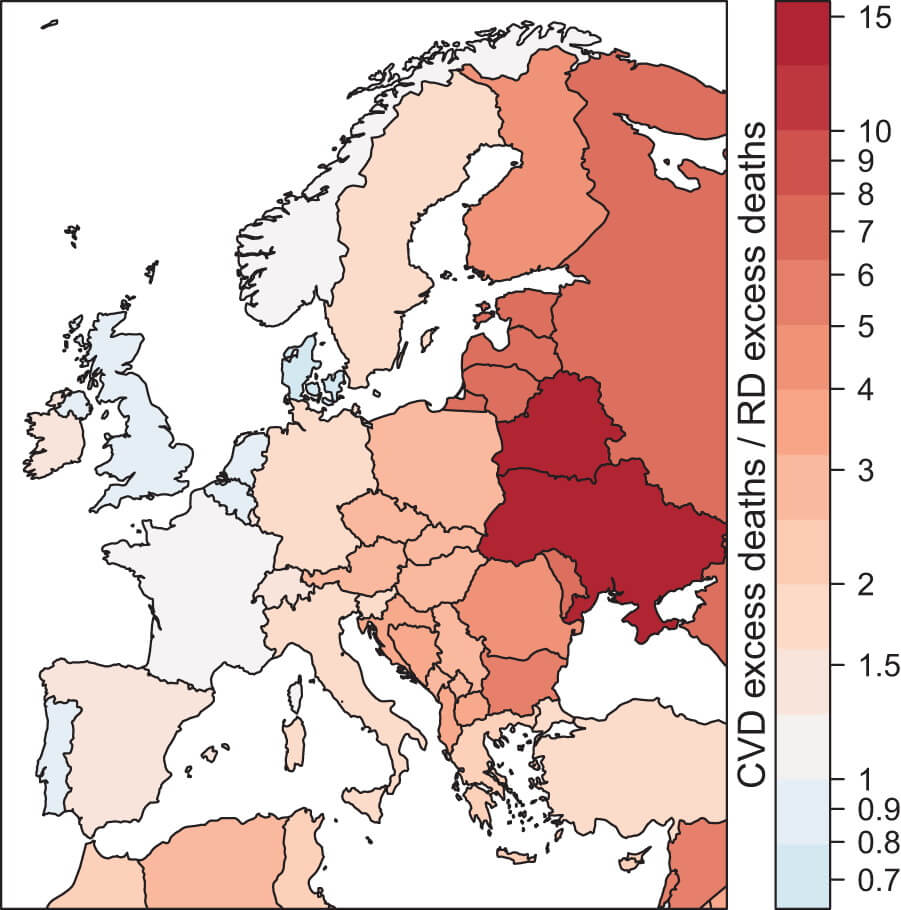 Соотношение между относительной избыточной смертностью, связанной с сердечно-сосудистыми заболеваниями и респираторными заболеваниями (включая рак легких) для разных стран