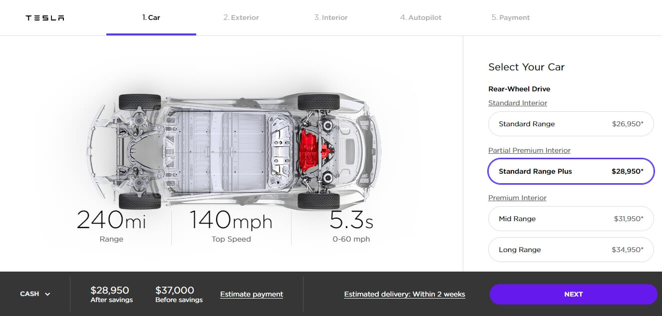 Tesla Model 3 «Standard Range Plus» за $37 000