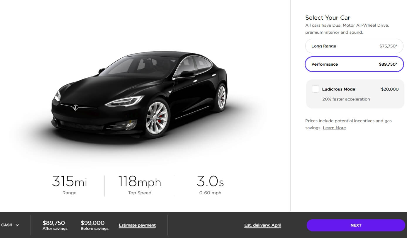 Tesla Model S «Performance» в конфигураторе
