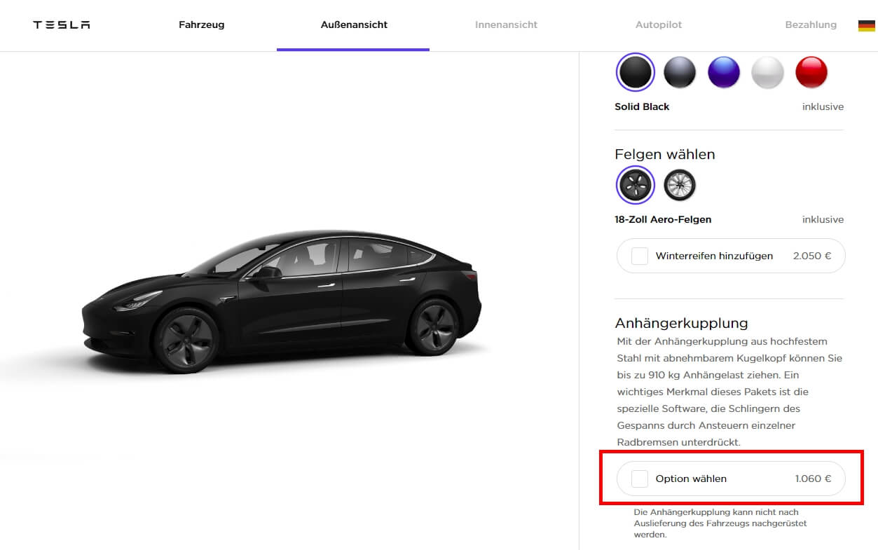 Фаркоп для Model 3 в онлайн-конфигураторе Tesla в Германии