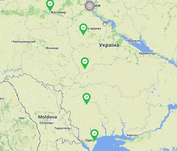 Карта быстрых зарядных станций STRUM между Киевом и Одессой