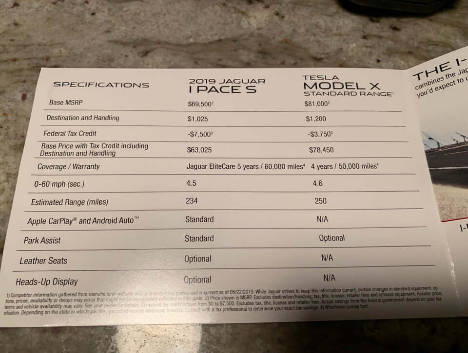 В брошюре Jaguar сравнивает I-Pace с Tesla Model X