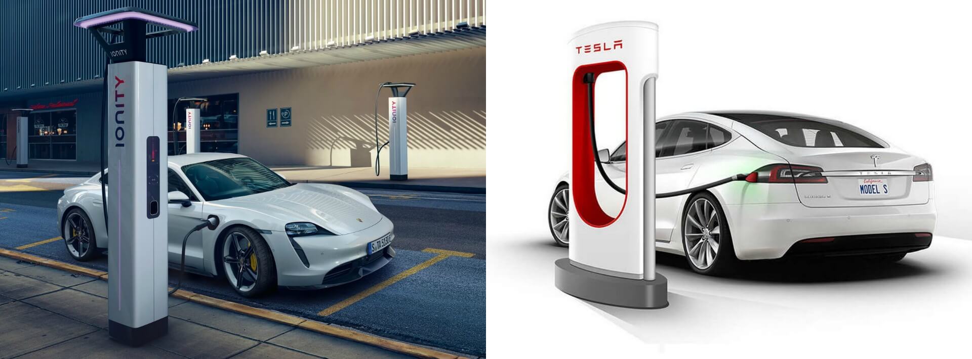 Porsche Taycan заряжается на европейской зарядной станции Ionity и Tesla Model S на станции Supercharger 