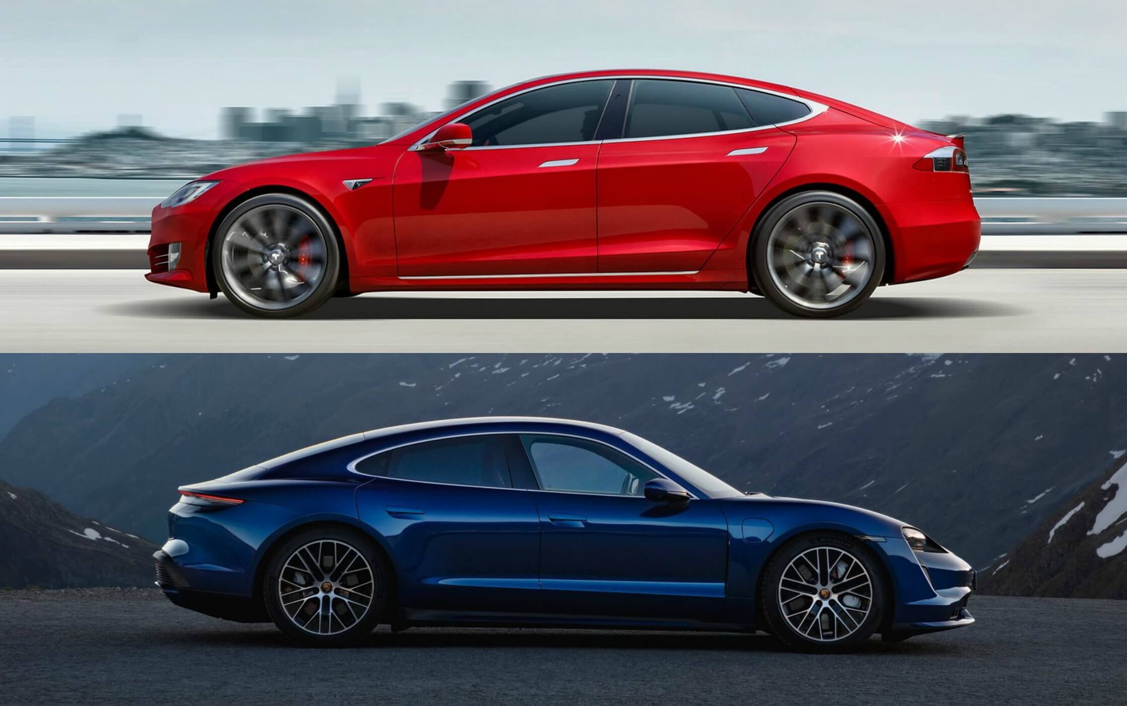 Tesla Model S (сверху) против Porsche Taycan
