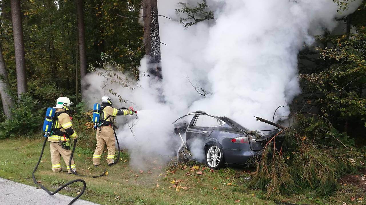 Tesla Model S загорелась после того, как врезалась в дерево