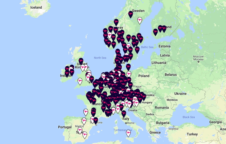 Сеть сверхмощных зарядных станций Ionity в Европе на начало 2020 года