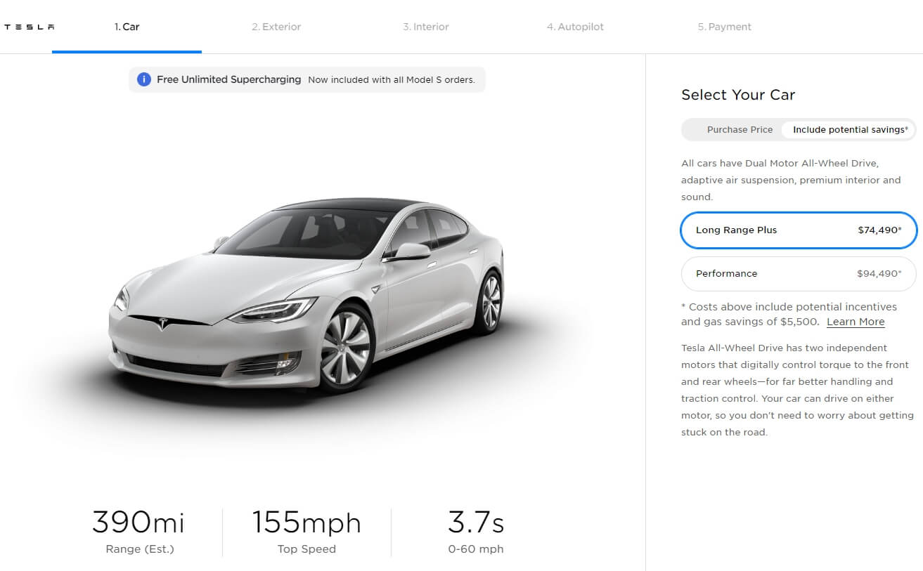 Tesla Model S Long Range Plus в онлайн-конфигураторе Tesla