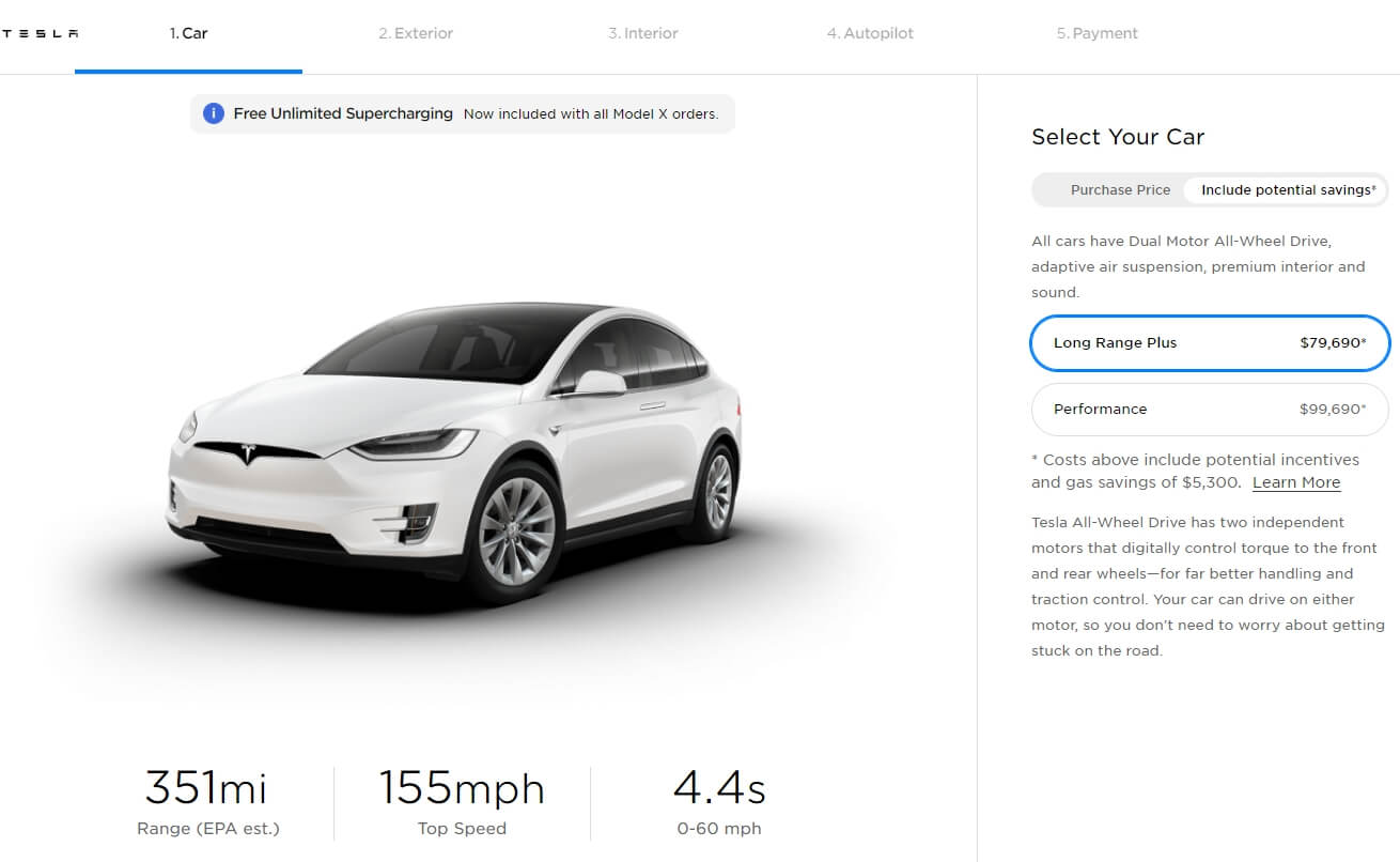 Tesla Model X Long Range Plus в онлайн-конфигураторе Tesla