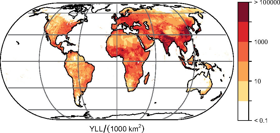 Годы жизни потерянные в результате загрязнения воздуха по миру (на 1000 кв. км)