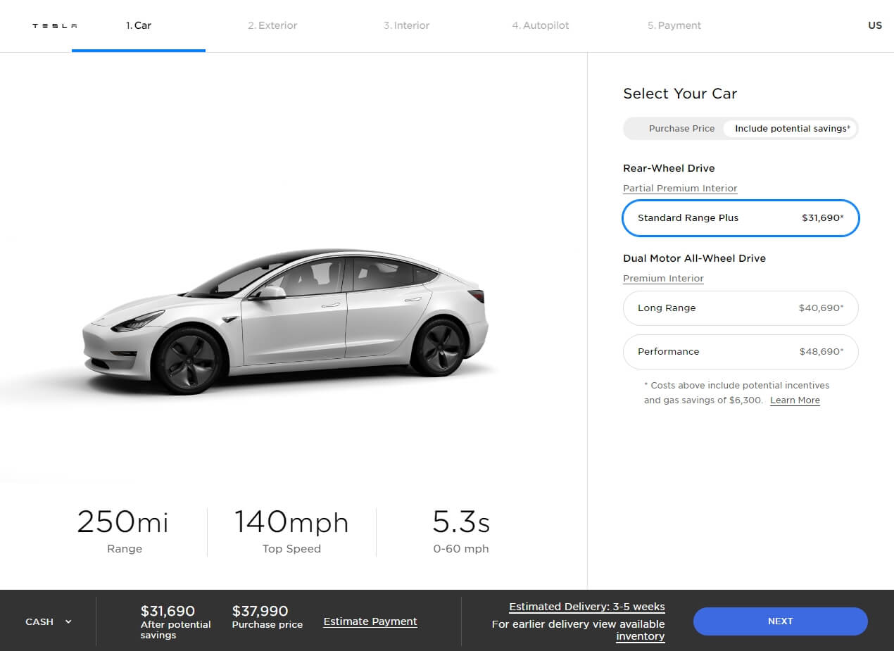Стоимость Model 3 Standard Range Plus в онлайн-конфигураторе Tesla
