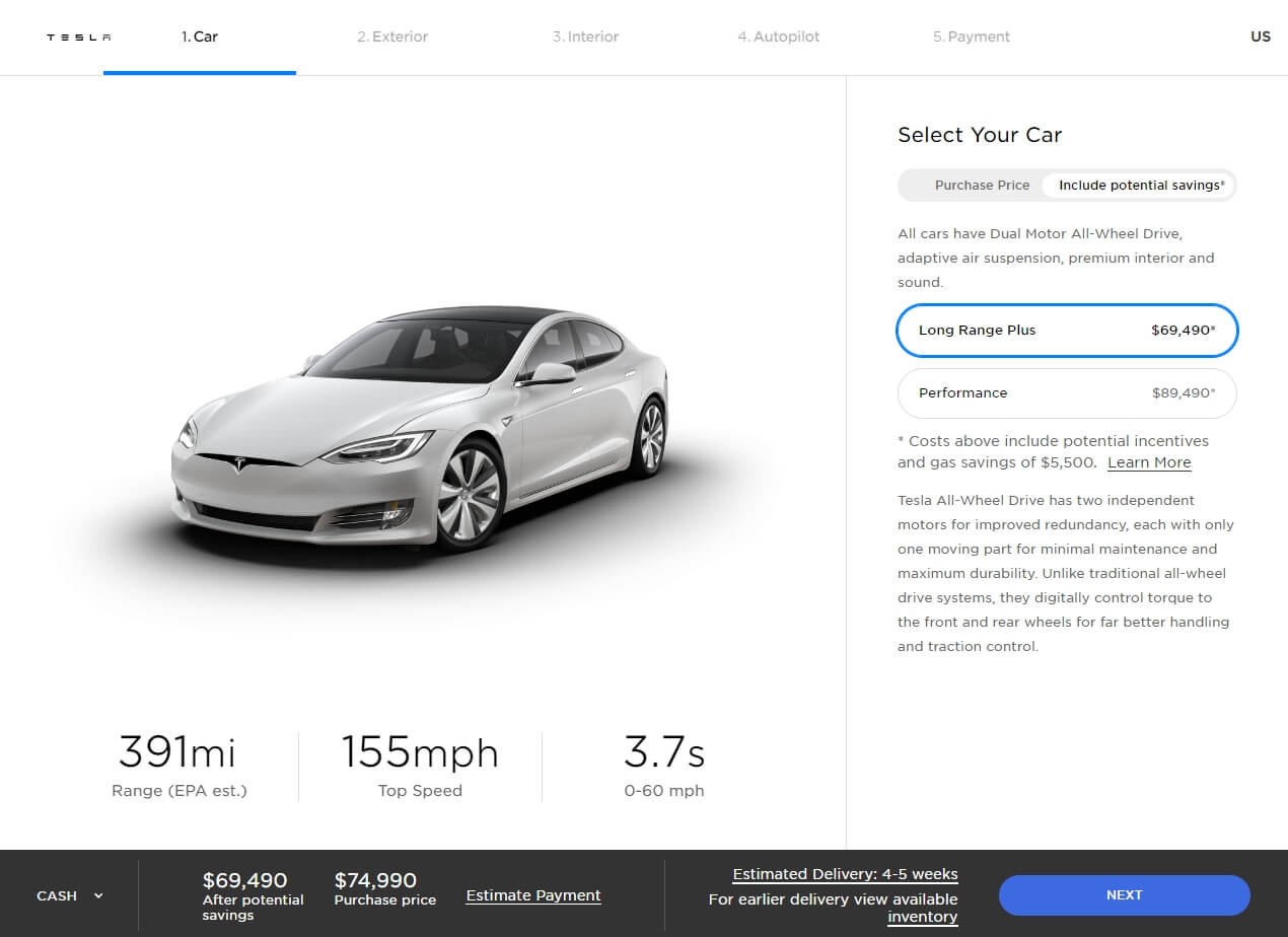 Стоимость Model S Long Range Plus в онлайн-конфигураторе Tesla