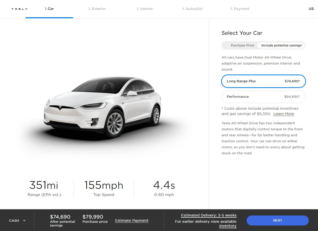 Стоимость Model X Long Range Plus в онлайн-конфигураторе Tesla