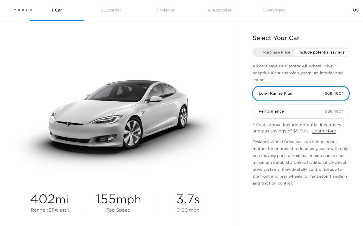 Стоимость и основные характеристики Model S Long Range Plus в онлайн-конфигураторе Tesla