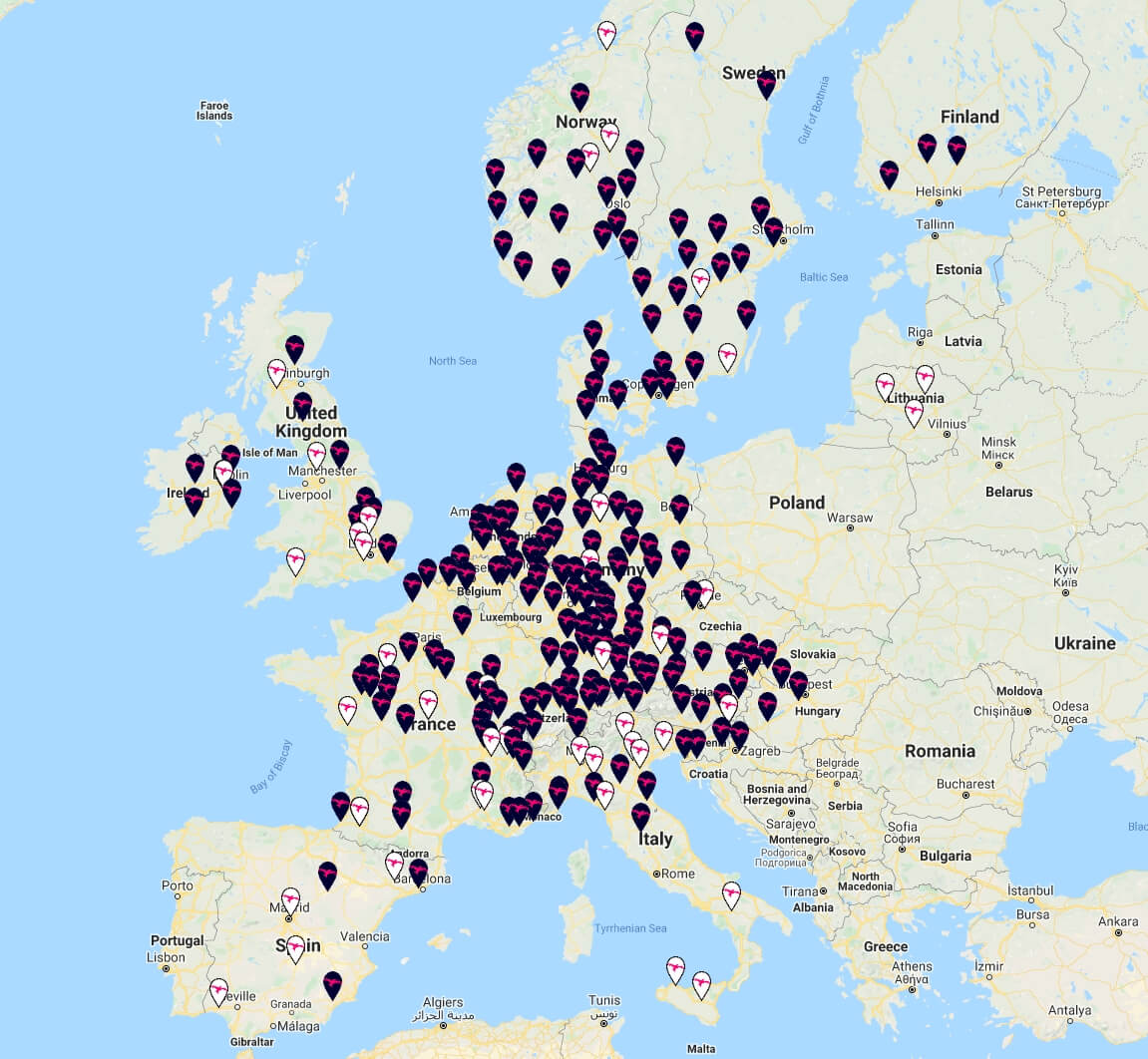 Сеть сверхмощных зарядных станций IONITY в Европе на 6 июля 2020 года