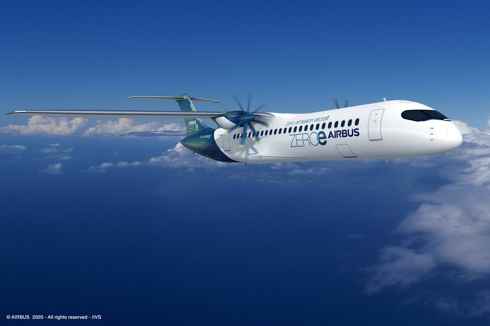 Концепт водородного самолета Airbus ZEROe с турбовинтовым двигателем вместимостью до 100 пассажиров