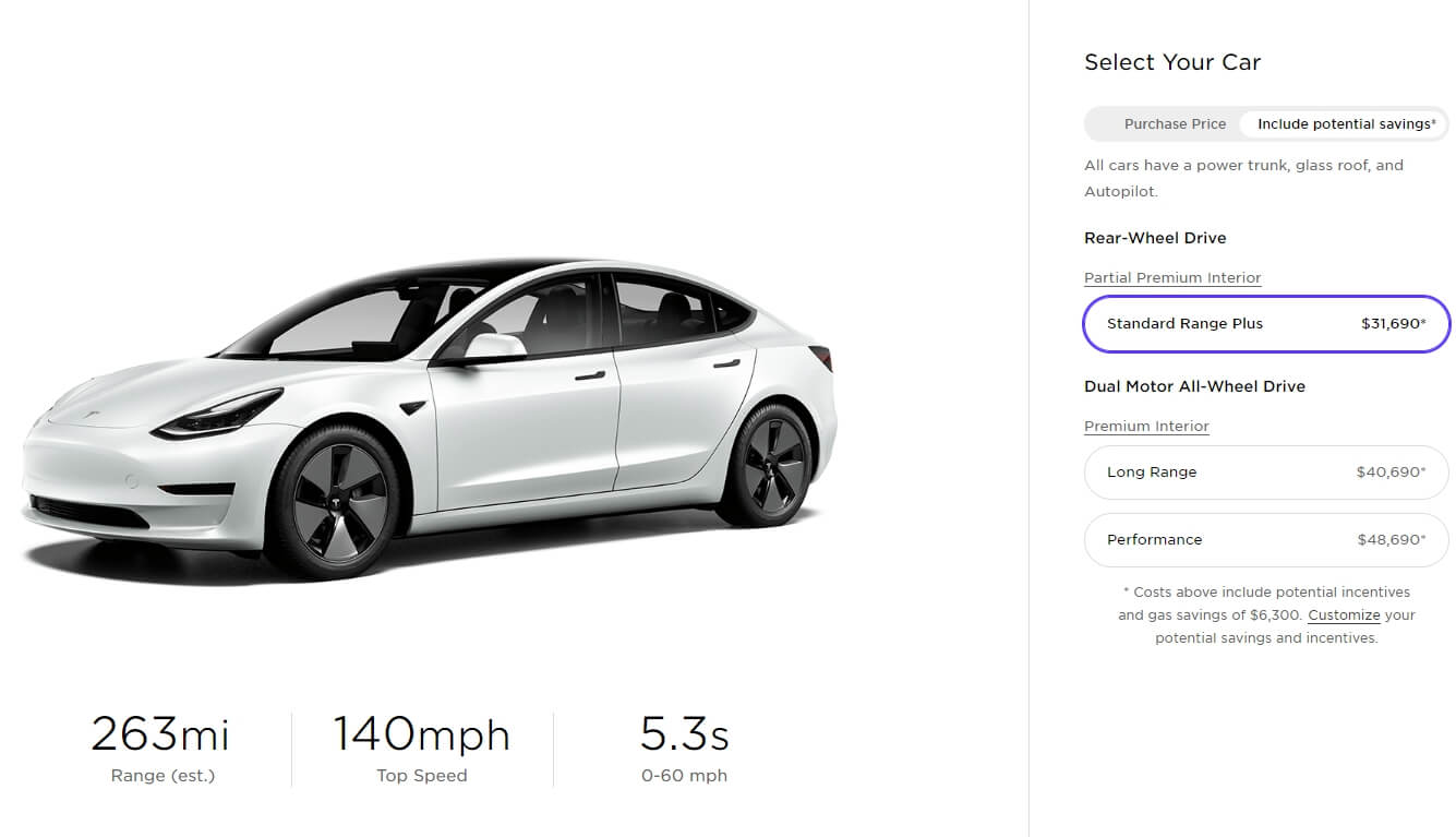 Tesla Model 3 Standard Range Plus 2021 модельного года