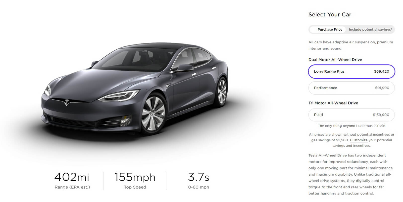 Tesla снижает цену на Model S Long Range Plus до $69 420  