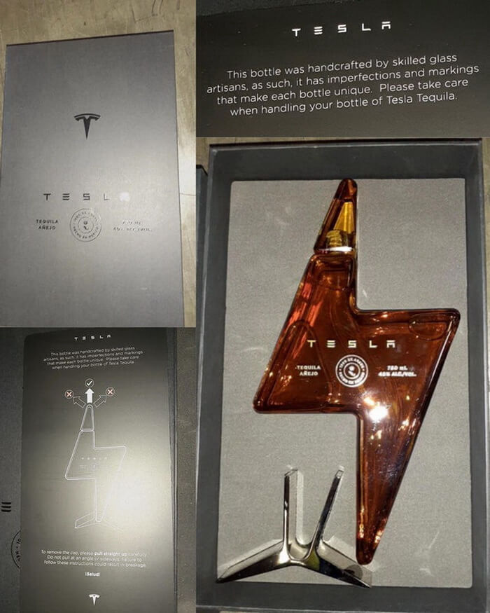 Фотографии упаковки, в которой заключена бутылка Tesla Tequila в форме молнии за $250
