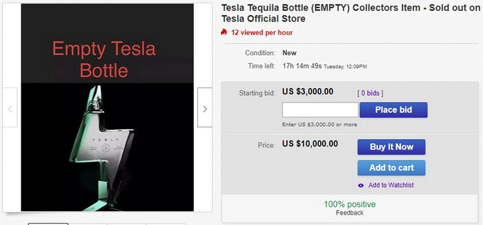 Пустая бутылка Tesla Tequila продается на ebay за $10 000