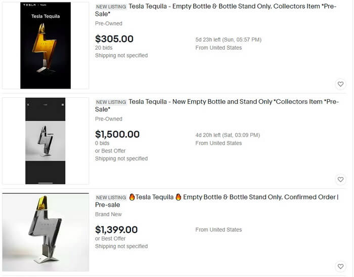 Только пустая бутылка Tesla Tequila и подставка продается как коллекционный предмет